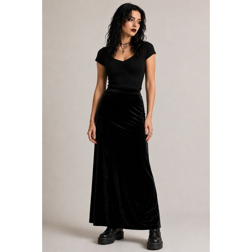 90s Black Velvet Maxi Skirt Size 10 Goth Whimsigoth Witchy High Waist